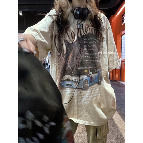 Áo Thun Ngắn Tay Cổ Tròn Form Rộng In Họa Tiết graffiti Phong Cách retro Dành Cho Nữ