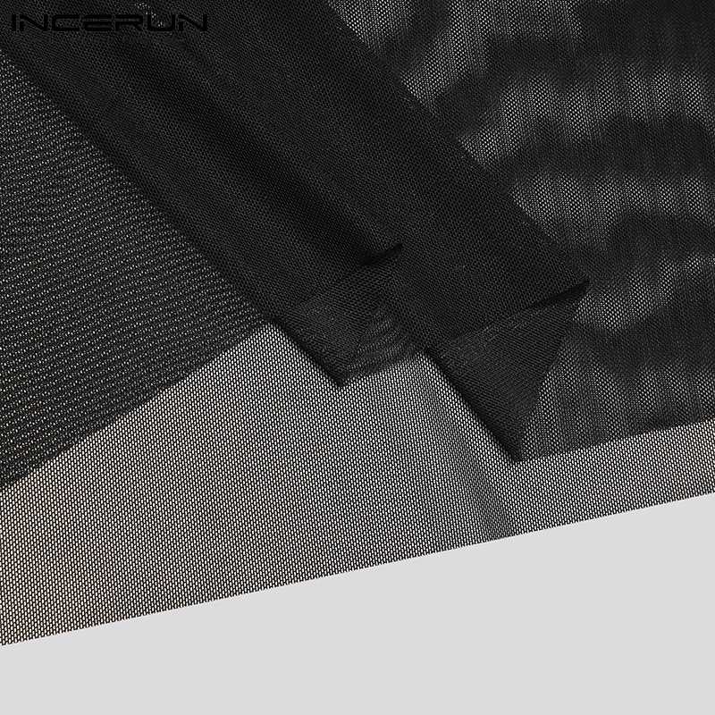Áo nam INCERUN vải lưới quyến rũ xuyên thấu cổ lọ tay dài màu đen