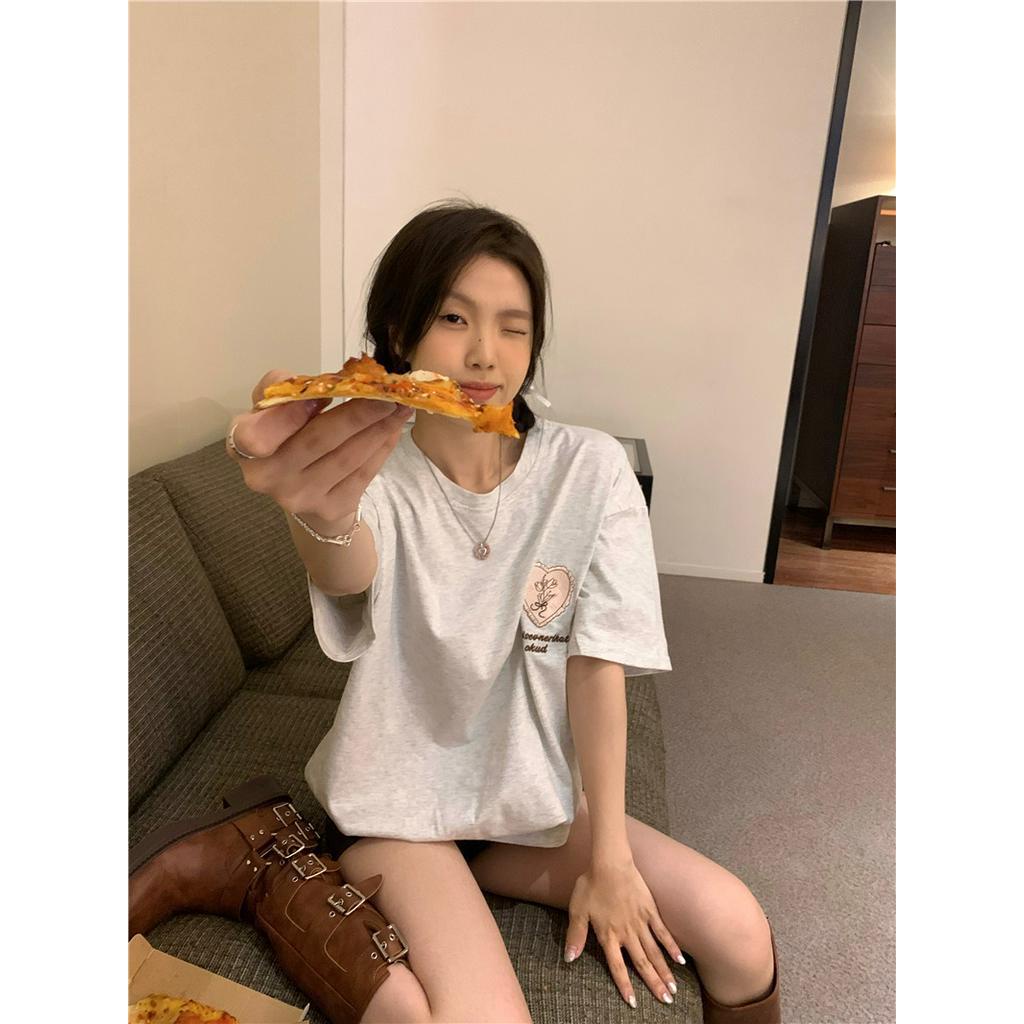 Áo Thun Dáng Rộng Ngắn Tay Thêu Hình Trái Tim Phong Cách Hàn Quốc 64244