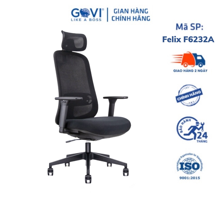 Ghế công thái học Ergonomic GOVI Felix F6232A - Thiết kế tựa đầu điều chỉnh độ cao, tựa tay 3D nâng hạ, mâm ghế ngả 135