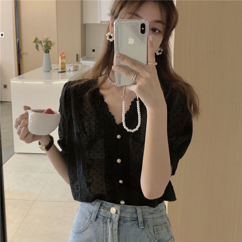 Áo Kiểu Tay Ngắn Cổ Chữ V Phối Ren Phong Cách Pháp 165280 Áo Sơ Mi Form Rộng Màu Sắc Thời Trang Cho Nữ