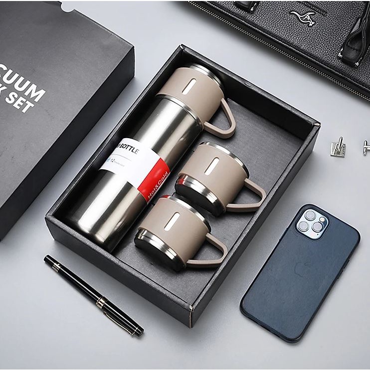 Set bình giữ nhiệt cao cấp kèm 2 cốc inox có quai làm bộ qùa tặng sang trọng