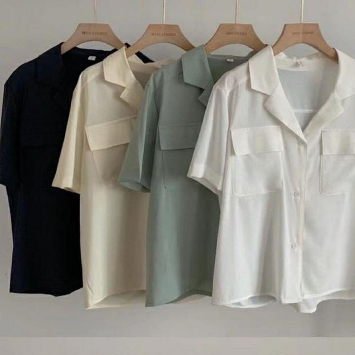 Áo sơ mi nữ cổ vest cộc tay dáng ngắn 2 túi nắp ngực, Áo sơ mi nữ cổ vest tay ngắn trơn thiết kế 2 túi nắp ngực