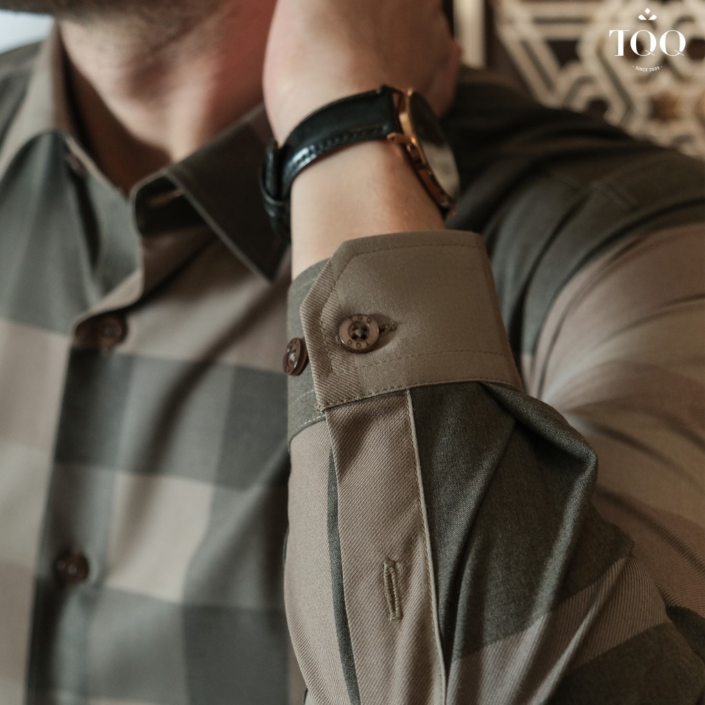 Áo sơ mi nam dài  tay TQQ dáng Công Sở Slim fit ôm nhẹ K428CS chất vải chống nhăn cùng họa tiết kẻ ghi vàng sang trọng