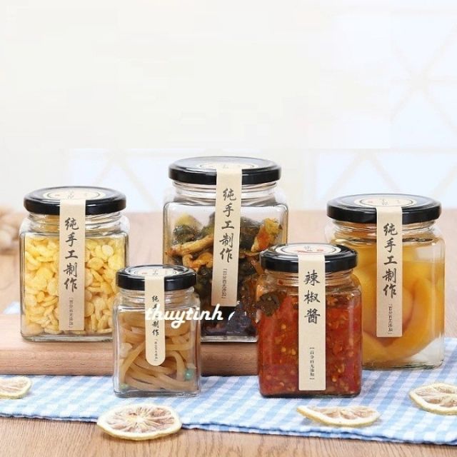 Bộ 5 hủ Thủy Tinh vuông 500ML Đựng Thực Phẩm, đựng gia vị, đựng bột nghệ, đựng mật ong, nắp thiếc vàng hoặc đen