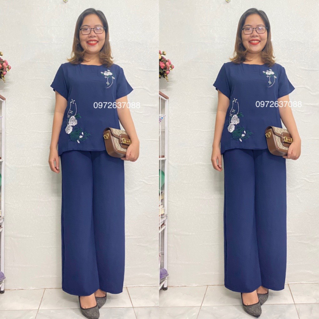 Bộ Đồ Trung Niên- Bộ Đũi Thêu 2 Bông Dành Cho Người Lơn Tuổi