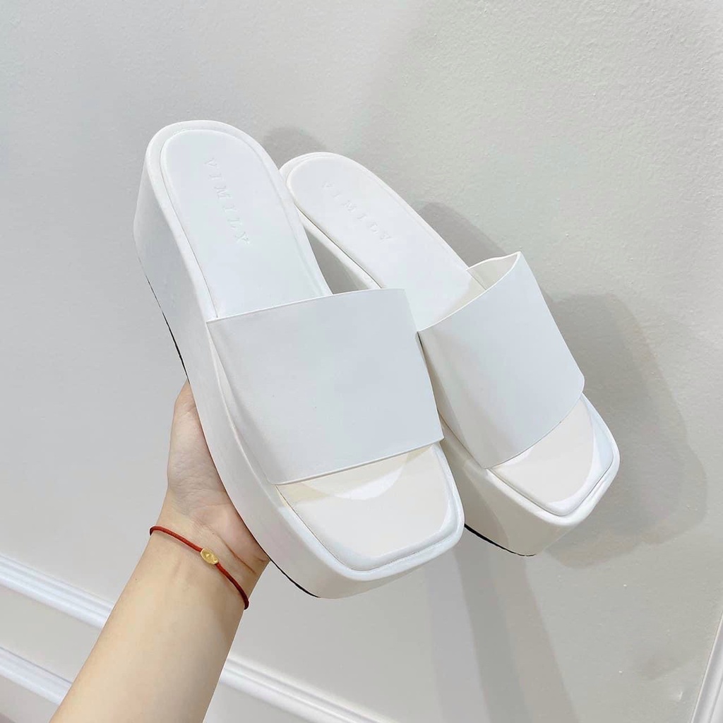 Dép lê da mịn 1 bản ngang to đế bằng cao đen trắng - 4P
