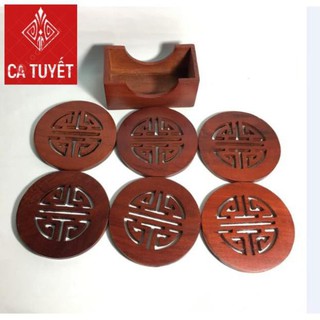 Bộ lót ly gỗ hương đỏ 6 chiếc đục khắc chữ phúc - mẫu tròn