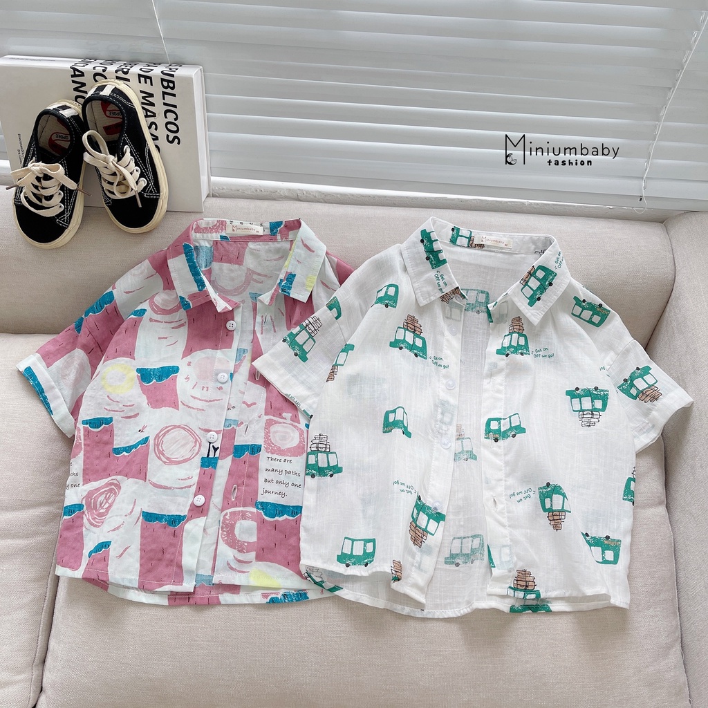 Áo sơ mi cộc tay/ tay lỡ cho bé mặc mùa hè, họa tiết bé trai, bé gái họa tiết ô tô, trái cây miniumbabyfashion A1212