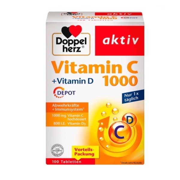 VITAMIN C 1000 + VITAMIN D  ⚡ CAM KẾT HÀNG AUTH ⚡ DOPPELHERZ AKTIV-Hộp 30 Viên bổ sung vitamin C/ D - Hàng nội địa Đức