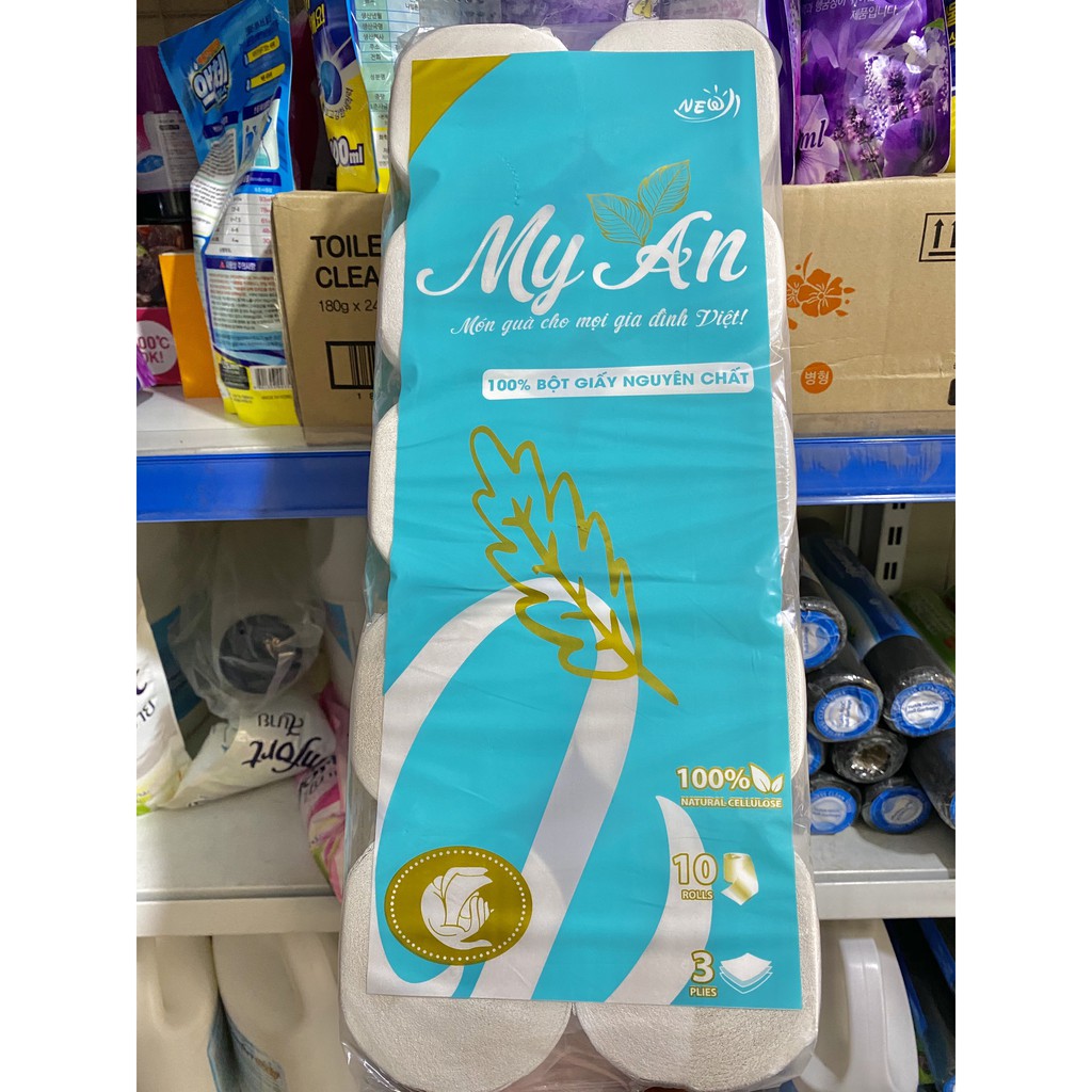 Bịch 10 cuộn giấy vệ sinh My An không lõi 3 lớp bột giấy nguyên chất 100%