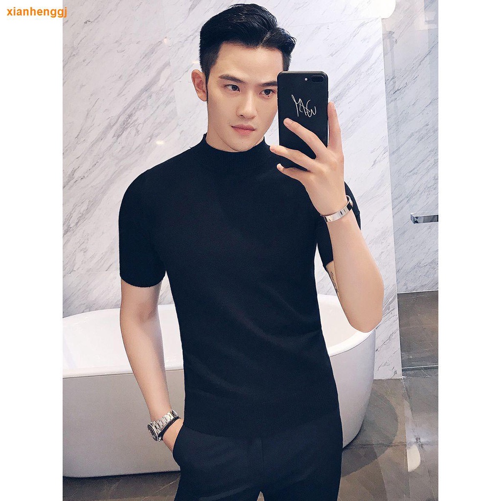Áo Thun Dệt Kim Cổ Lọ Tay Ngắn Dáng Ôm Thời Trang Xuân Thu Phong Cách Hàn Quốc Cho Nam