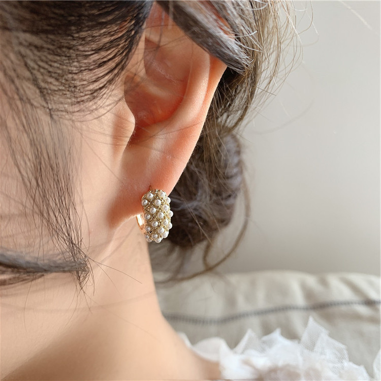 Bông Tai Ngọc Trai Hình Chữ C Phong Cách vintage Hàn Quốc
