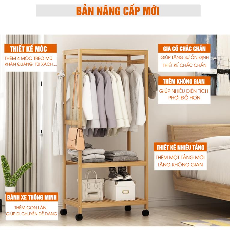 Tủ treo quần áo có bánh xe đơn giản sang trọng kết hợp kệ để đồ đa năng tiện dụng