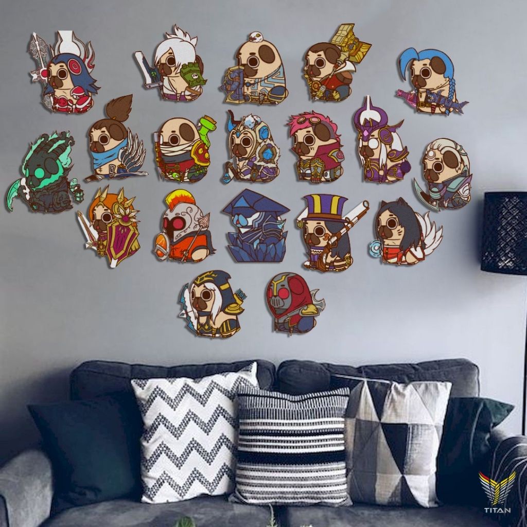 Bộ tranh dán tường 19 chú chó nhân vật game LOL, chất liệu Fomex, tranh decor trang trí nhà cửa, phòng ngủ