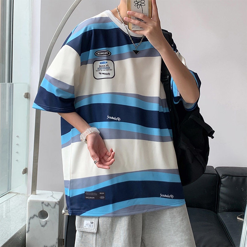 Áo Thun Tay Ngắn Cổ Tròn Họa Tiết Kẻ Sọc Thời Trang Mùa Hè 2022 Cho Nam
