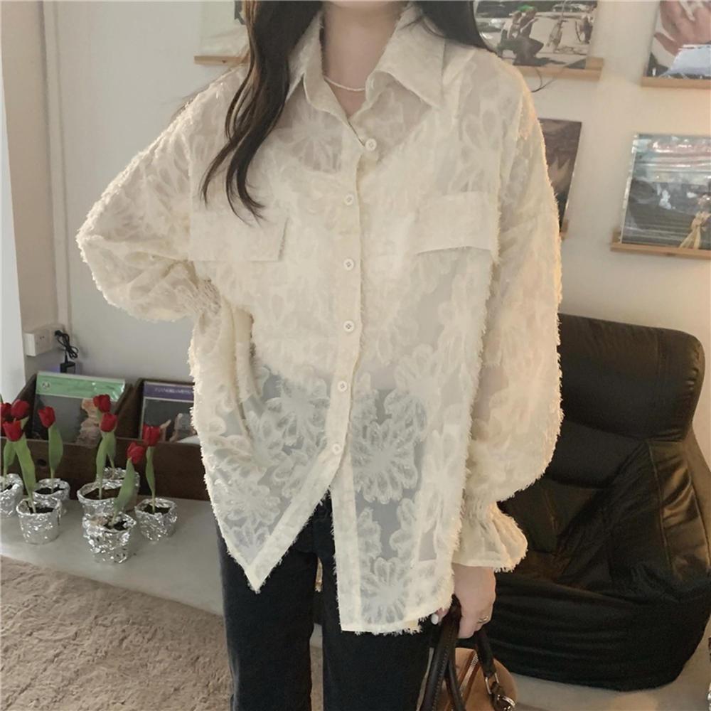 Áo Sơ Mi Tay Dài Dáng Rộng Phối Ren Thời Trang Mới 50454