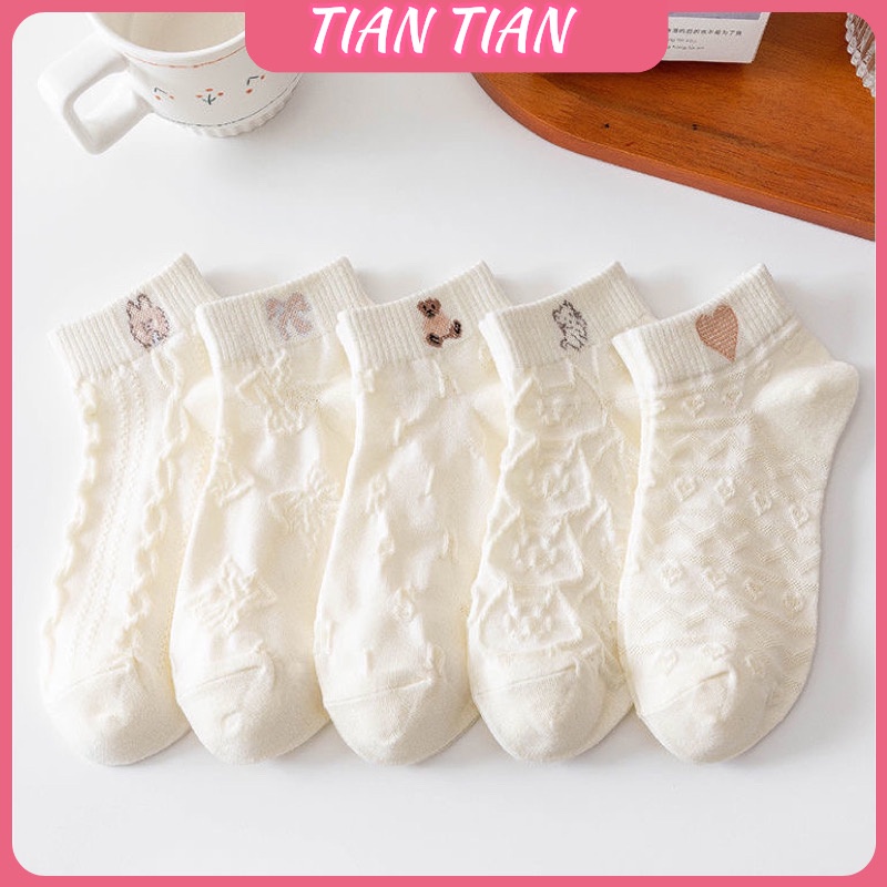 TIAN TIAN T163 Vớ Cotton cổ ngắn Cổ Thấp Đính Nơ Họa Tiết Gấu Hoạt Hình Dễ Thương Phong Cách Nhật Bản Thời Trang Cho Nữ