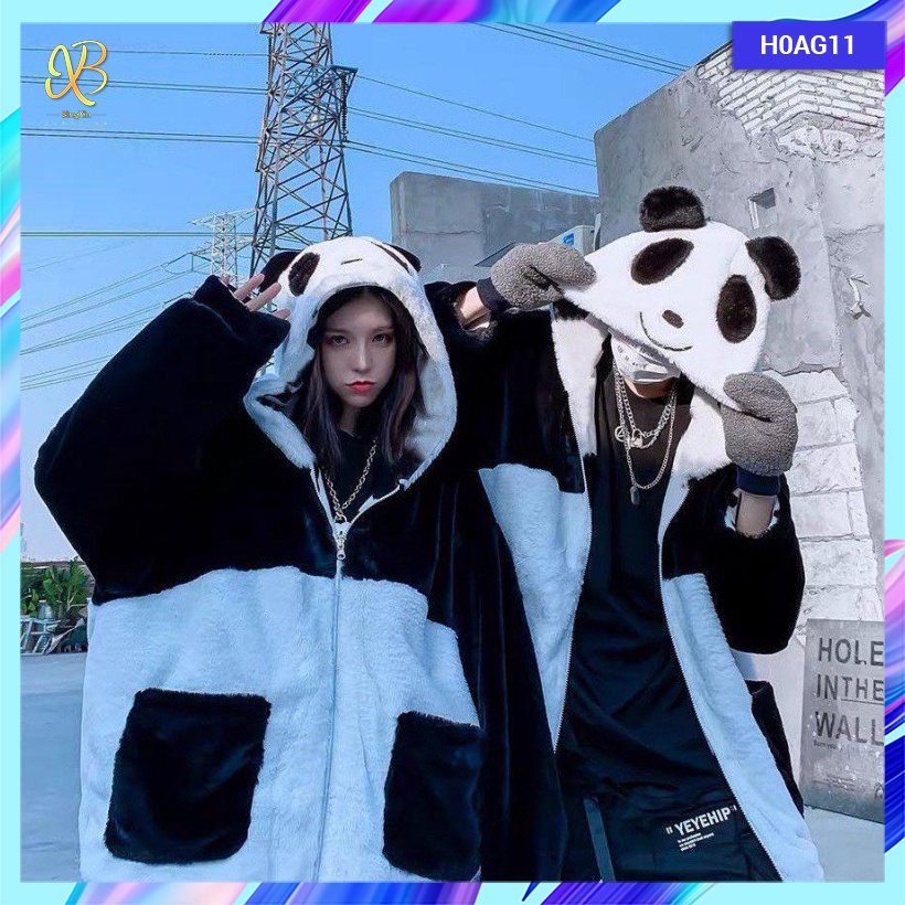 Áo khoác lông gấu Panda, áo đôi siêu dày siêu ấm dáng rộng có mũ rộng - H0AG11 - Bingxin