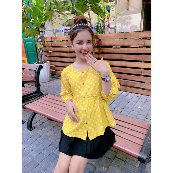Áo bà bầu mùa hè tay lỡ chất tơ đũi chấm bi thiết kế cao cấp trẻ trung công sở