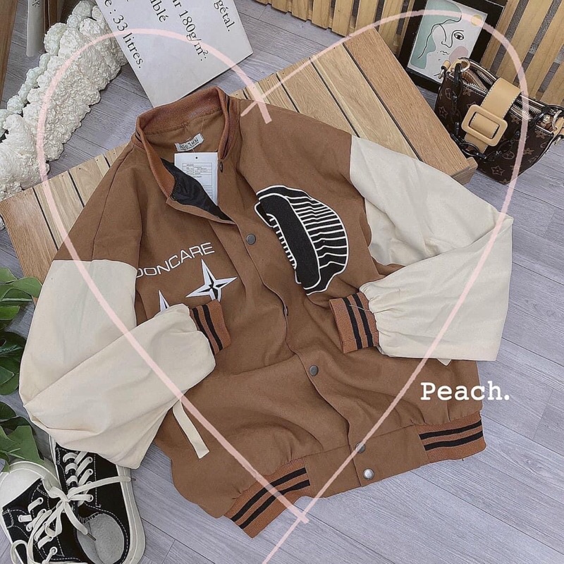 Áo khoác bomber bóng chày kaki da lộn 2 lớp unisex ulzzang nam nữ in D