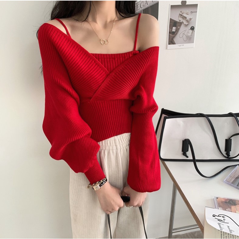 Áo Len Tay Bồng Màu Trắng Đen Hồng Đỏ Dài Tay Hở Trễ Vai, Áo Len Thu Đông Dài Tay Phong Cách Hàn Quốc