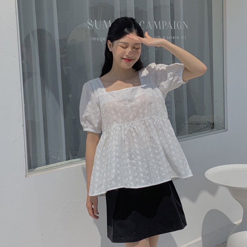 Áo babydoll kiểu cổ vuông vải thô thêu hoa lưng dây nơ TKA316 LOLLIE STUDIO