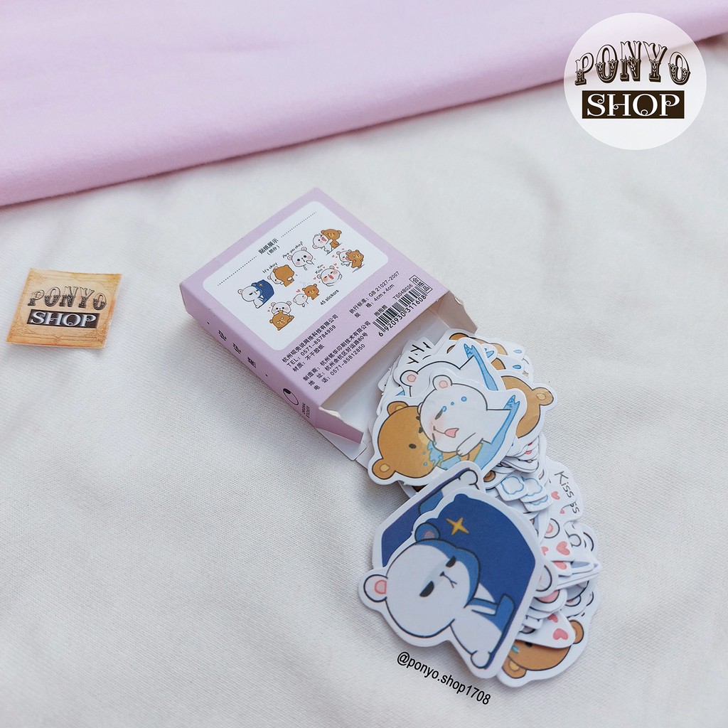 🐻🐼 Hộp 45 sticker nhãn dán Bear Couple trang trí Scrapbook