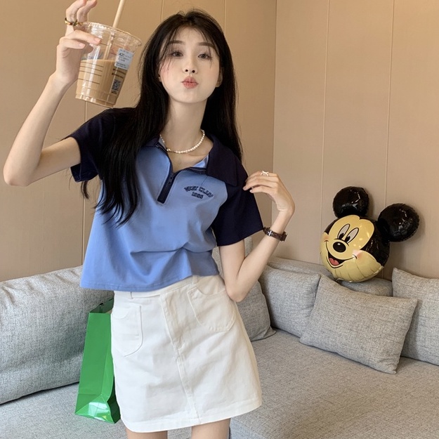 Áo thun croptop ZHELIHANGFEI tay ngắn cổ polo in chữ phong cách vintage Mỹ tùy chọn màu sắc