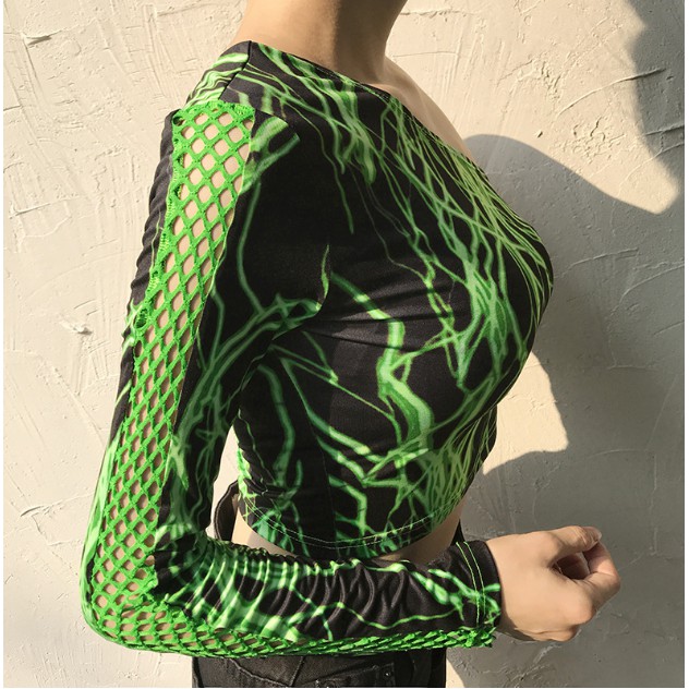 Áo Croptop tay dài ghép lưới màu xanh H127 - Hỉn Hỉn Store