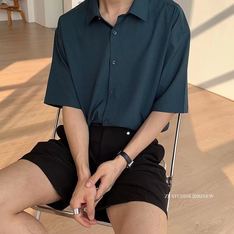 Áo Sơ Mi Tay Lửng Dáng Rộng Màu Sắc Đơn Giản Thời Trang Mùa Hè Hàn Quốc Cho Nam Giới Size M-3XL