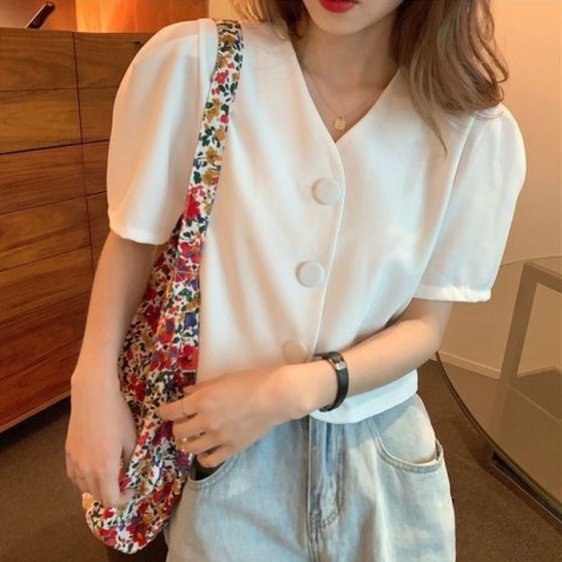 Áo Sơ Mi Chiffon Tay Ngắn Phồng Cổ Chữ V Phong Cách Hàn Quốc Mẫu Mới Mùa Hè 2022 Dành Cho Nữ
