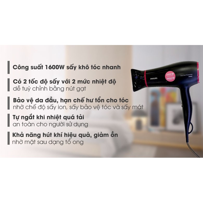 Máy sấy tóc Philips BHD029/00 - 1600W, màu Đen, 3 chế độ nhiệt và tốc độ