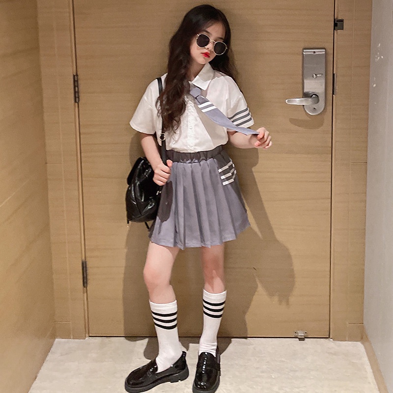 Set Áo Sơ Mi Và Chân Váy Xếp Ly Phong Cách Hàn Quốc Cho Bé Gái