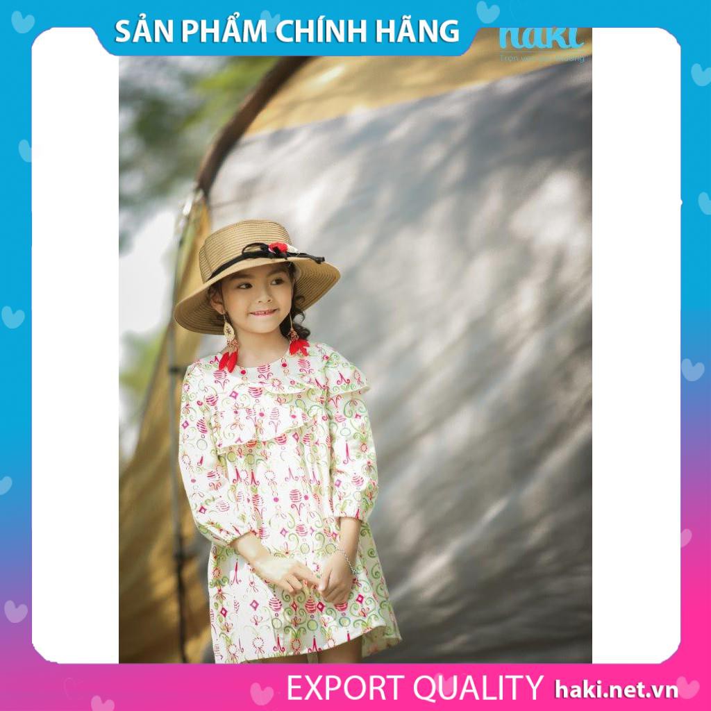 Váy bé gái dài tay thô cào bông bèo lệch hai tầng HK495 Haki (Hoa dây xanh)