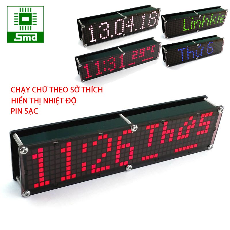 Đồng hồ led để bàn chạy chữ theo ý thích, hiển thị nhiệt độ, pin sạc, điều chỉnh độ sáng led tự động, tặng kèm dây sạc