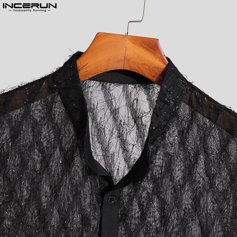 Áo sơ mi INCERUN tay dài nhìn xuyên qua cài nút họa tiết sọc caro thời trang dành cho nam