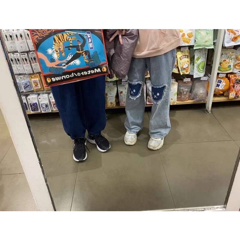 ORDER_ Quần Jeans Suông Ống Đứng Mặt Gấu