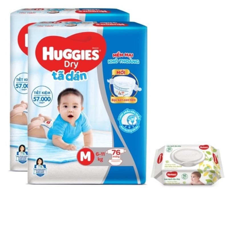 [Tặng 1 gói khăn ướt 64 miếng] Combo 2 Tã dán Huggies Dry Super Jumbo M76/L68/XL62/XXL56