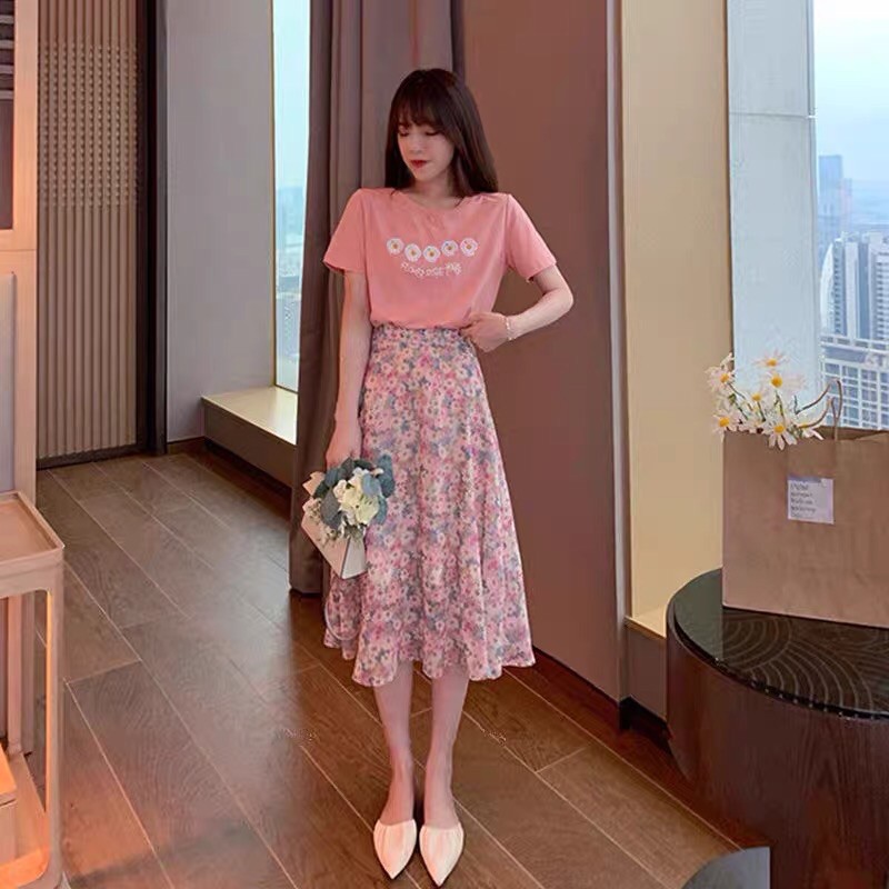 (Sẵn hàng Quảng Châu đủ size) Set áo phông + chân váy hoa | BigBuy360 - bigbuy360.vn