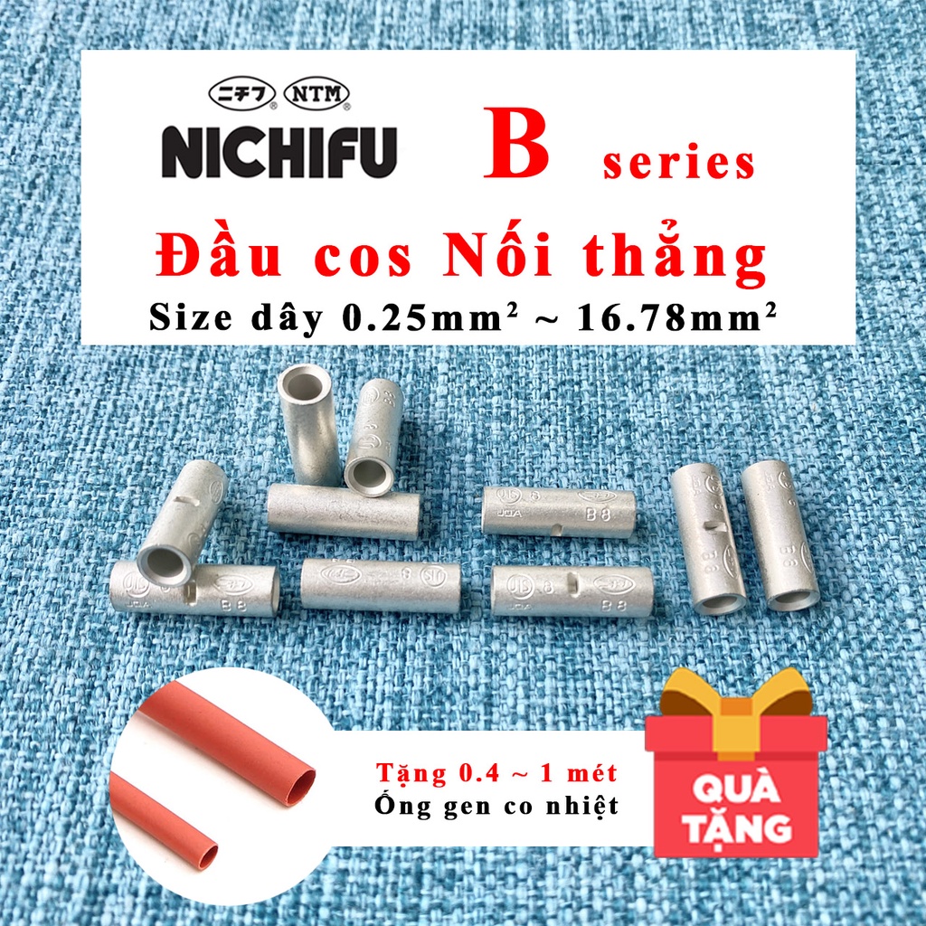 Đầu cos nối dây điện thẳng loại trần Nichifu B1.25 B2 B5.5 B8 B14 cho size dây 0.25mm2 đến 16.78 mm2