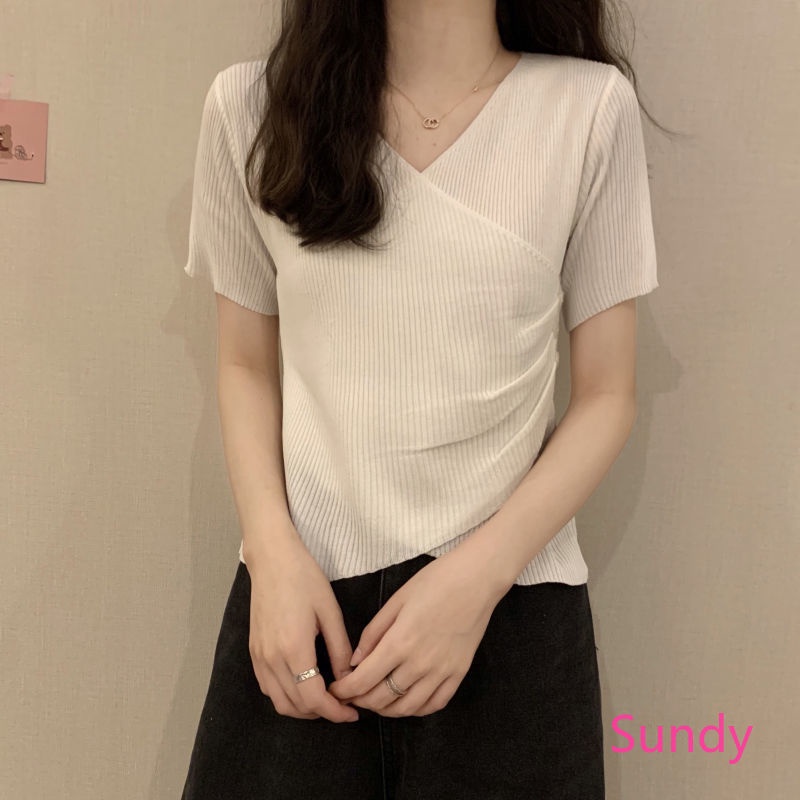 Áo Dệt Kim Ngắn Tay Vạt Chéo Thời Trang Mùa Hè Cho Nữ