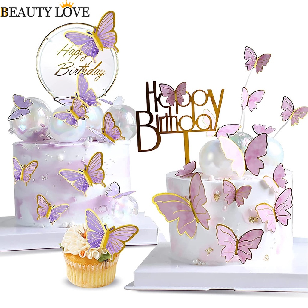 Set 10 Bươm Bướm Màu Hồng / Tím / Tím / Hồng Trang Trí Bánh Kem Tráng Miệng Diy