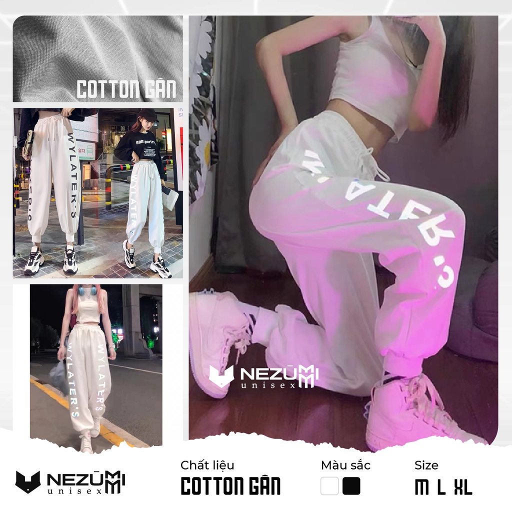 (Sẵn đen, trắng S M L) Quần jogger nỉ in chữ phản quang unisex nam nữ cá tính hip hop dance đường phố