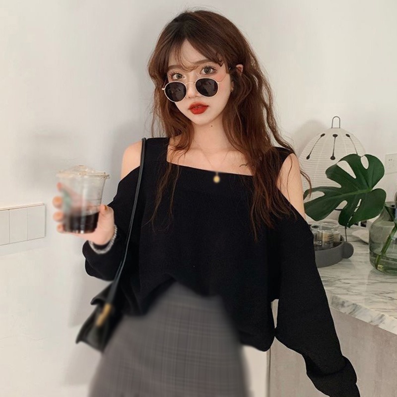 Áo Dệt Kim Tay Dài Hở Vai Màu Sắc Đơn Giản Phong Cách Hàn Quốc