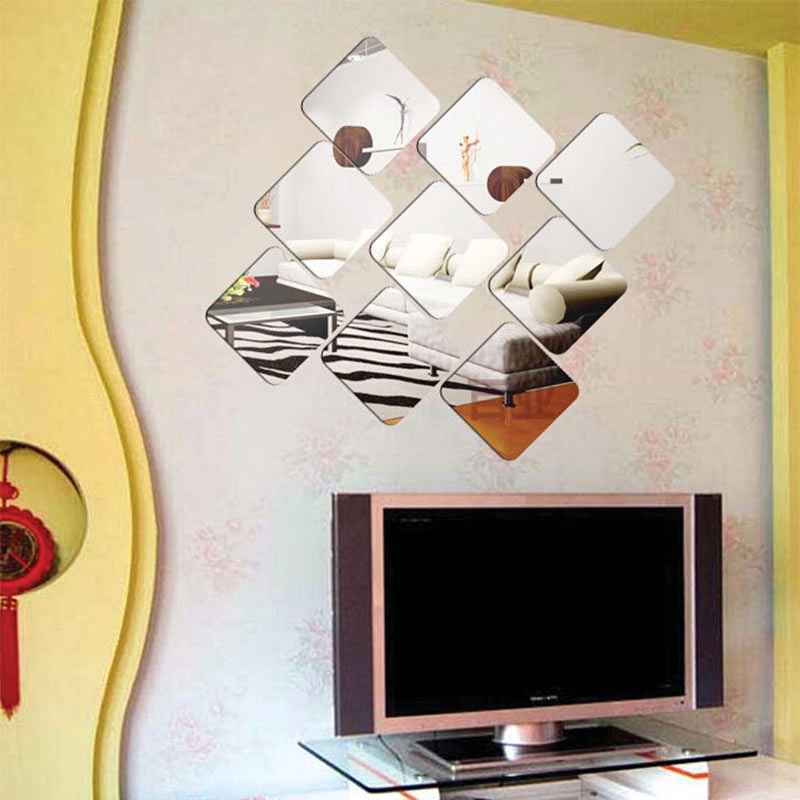 【YKN】6pcs 15*15cm Square Mirror Wall Decor Romantic Home Decor Mirror Sticker