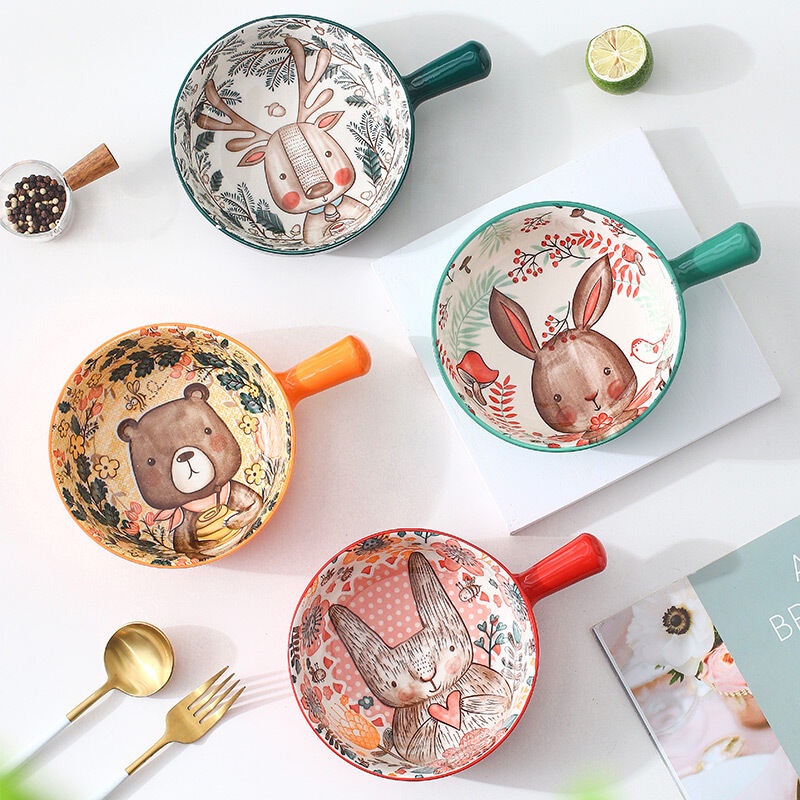 Tô Sứ Có Tay Cầm Họa Tiết Hoạt Hình 8.8inch Cho Nhà Bếp