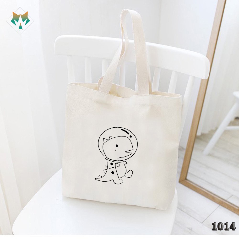 Túi Tote Trắng Chất Vải Canvas 1014 477 Khủng Long Dễ Thương Hàng Chuẩn Đẹp - Hazo