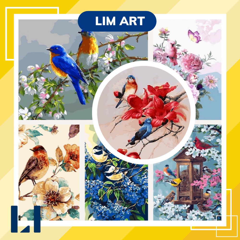 Tranh sơn dầu số hoá có khung LIM Art - Tranh tô màu theo số chim và hoa