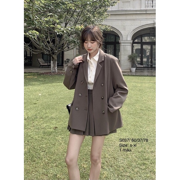 ✨ Set Blazer 6 cúc 2 lớp dày dặn + chân váy xếp ly dáng ngắn tone màu nâu trầm Trendy